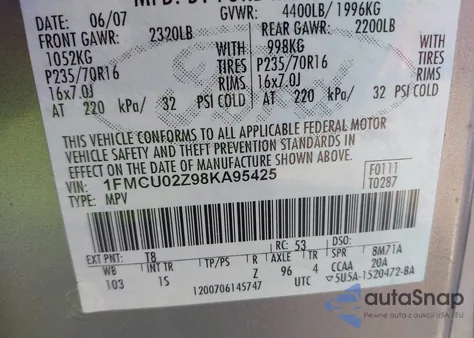 2008 Ford Escape Xls/Xls Manual from USA, damaged, VIN 1FMCU02Z98KA95425